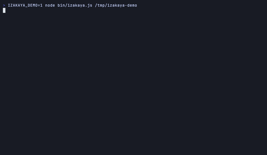 izakaya's TUI menu — repos listed as small plates with git status, commits, language bars and stack chips